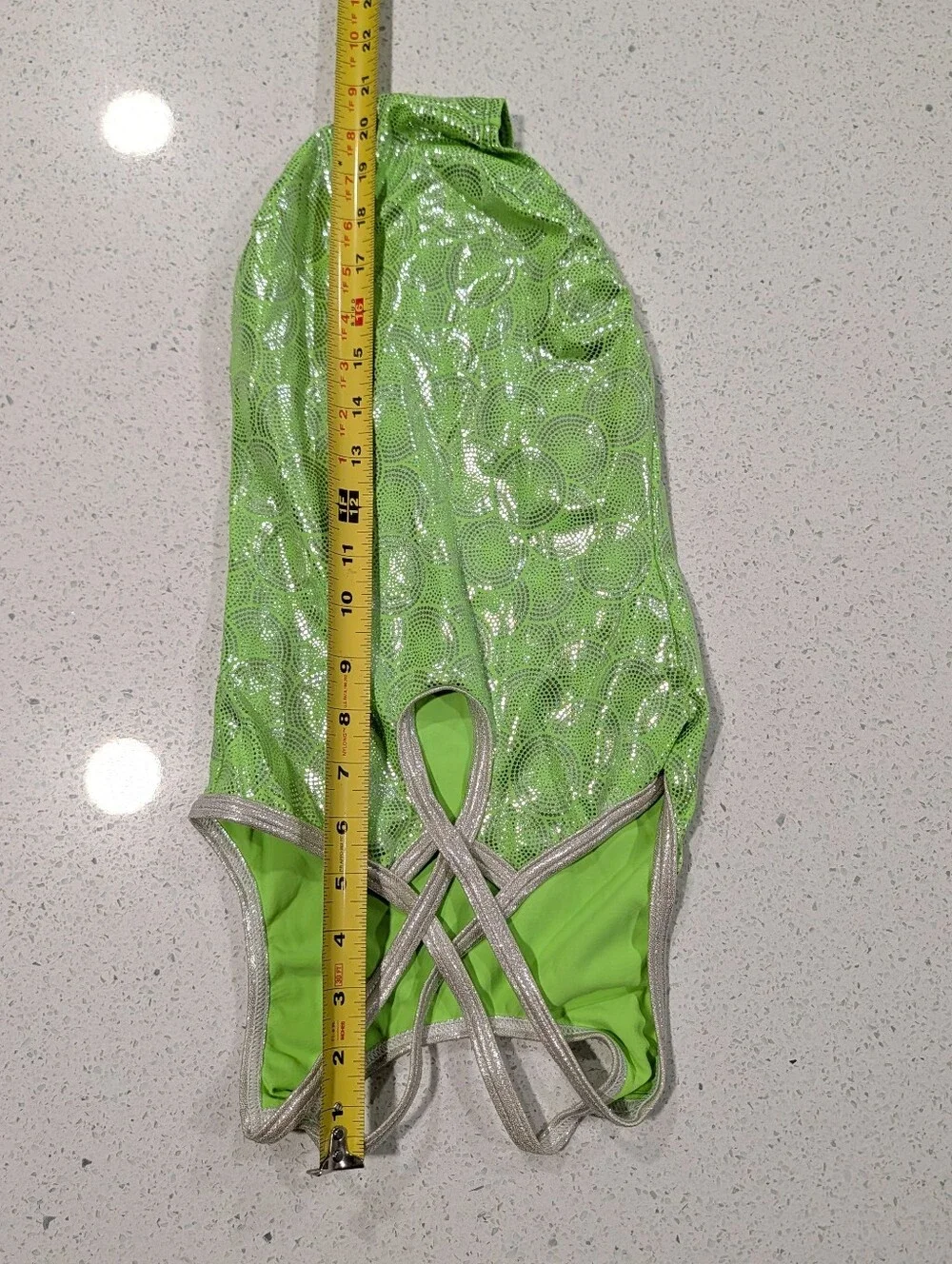 CUTE GK ELITE Large Gymnastics dance leotard Mystique Silver NEON GREEN Strappy